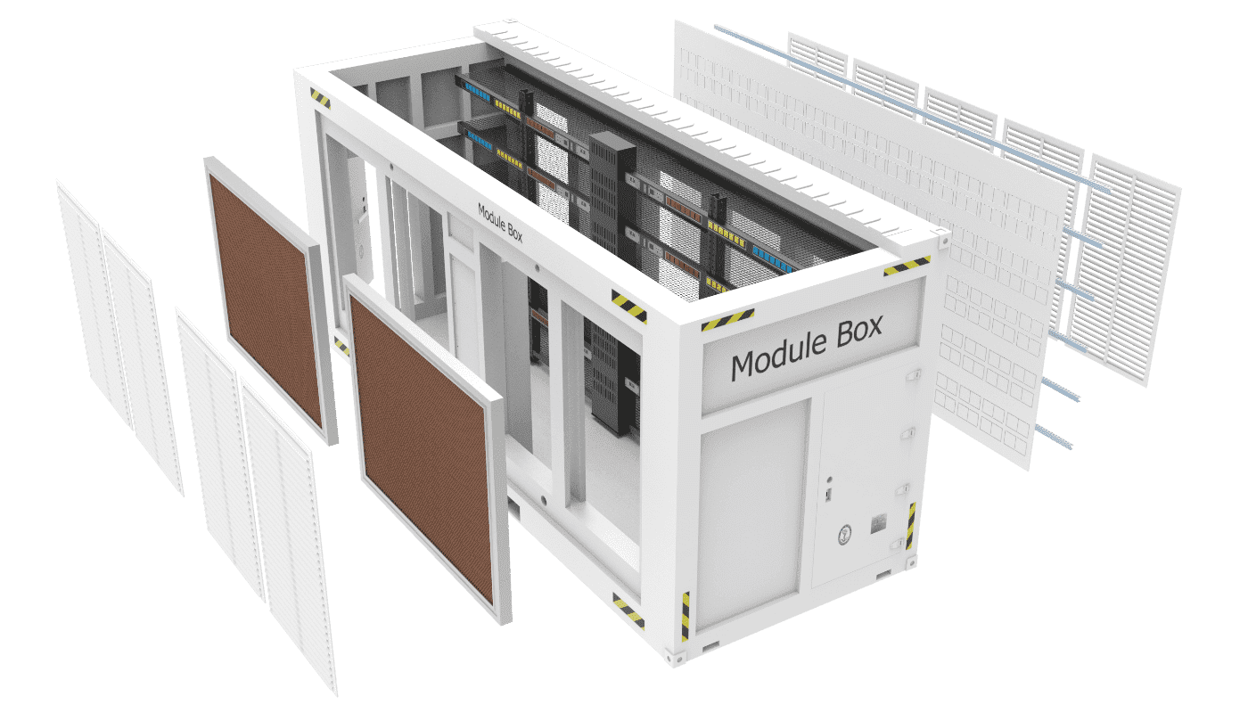 The explosive drawing of all components in the mobile mining container.